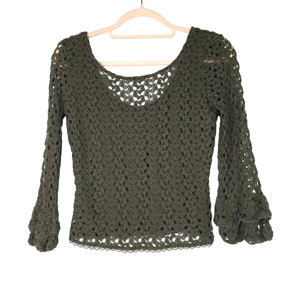 Free People Crochet Lace Bell Sleeve Top XS Mocha Brown‎